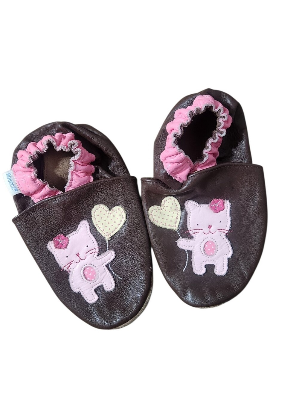 Robeez Leather Slippers Girls Size 3-4 Years Brown Pink Cat Slip On Shoes